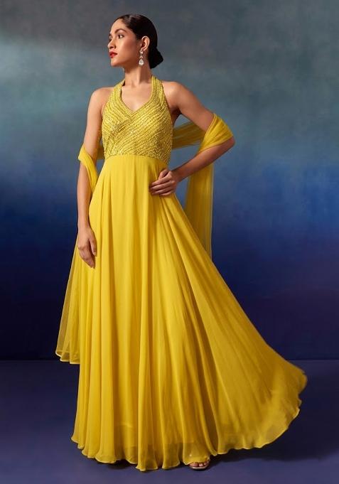 Yellow Embellished Designer Anarkali With Dupatta