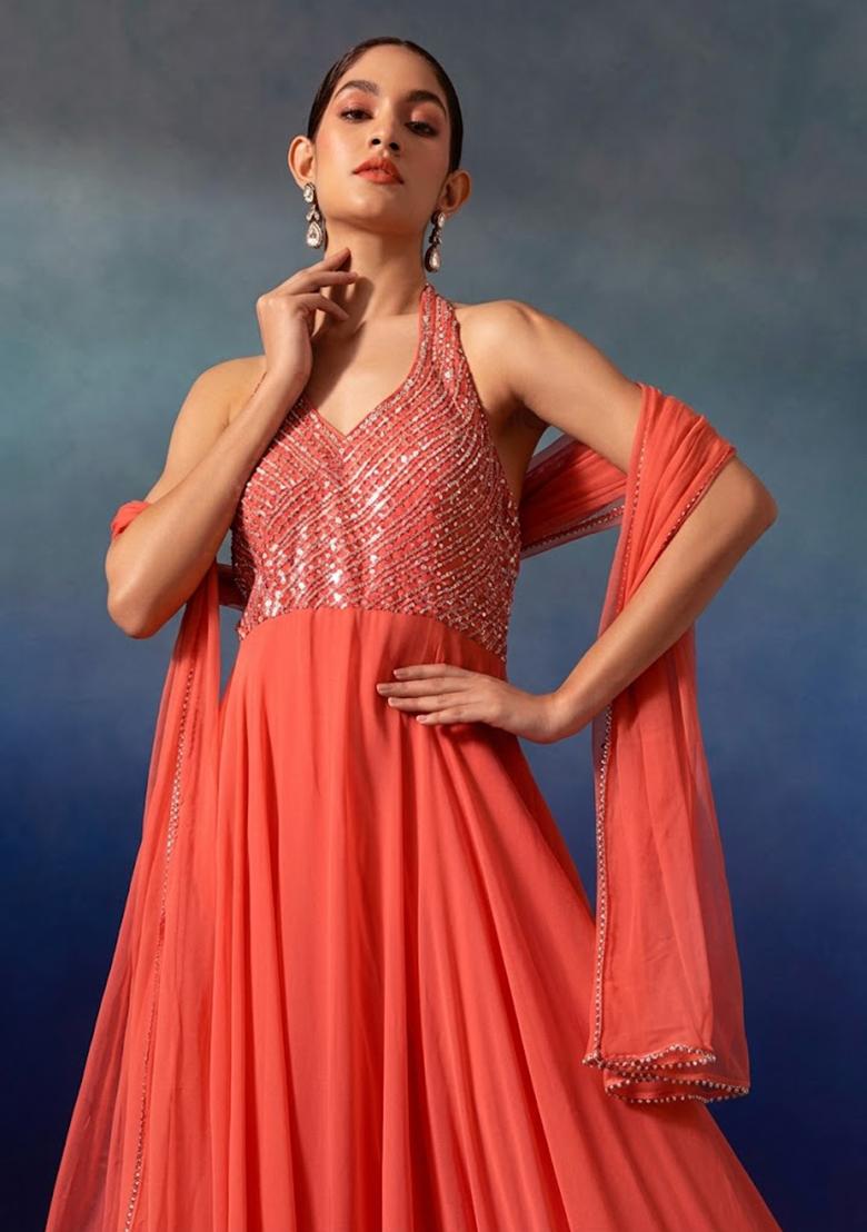 Living Coral Embellished Designer Anarkali With Dupatta - Indya