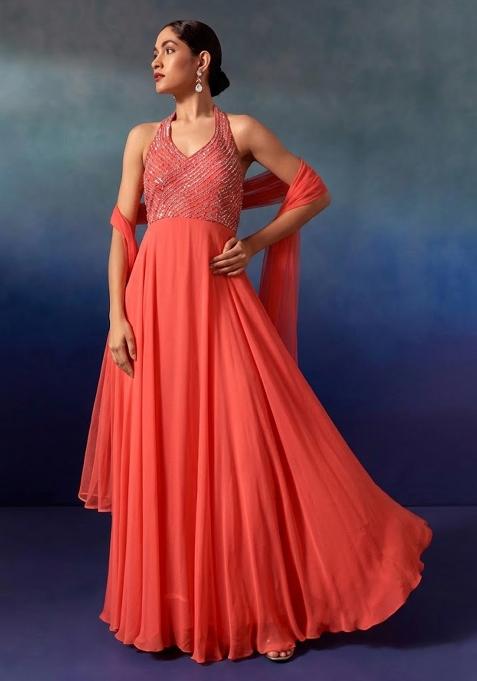 Living Coral Embellished Designer Anarkali With Dupatta