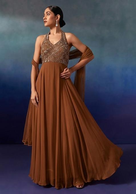 Toffee Embellished Designer Anarkali With Dupatta