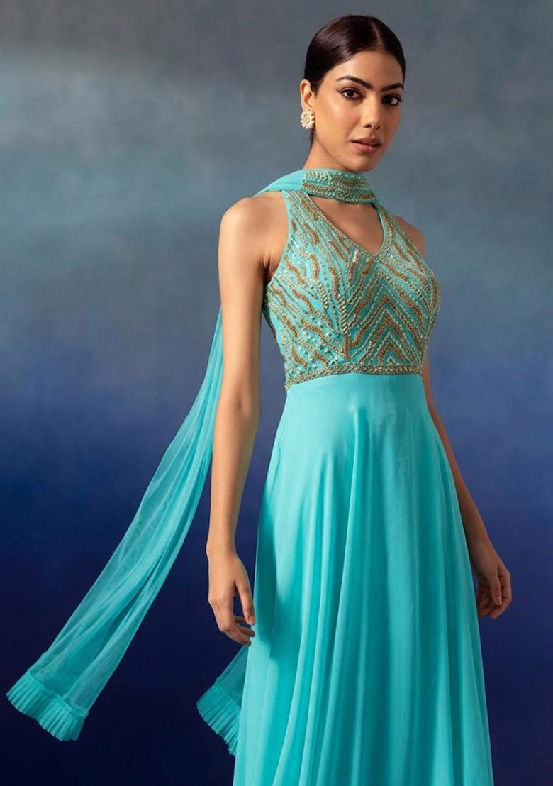 Bright Aqua Embellished Designer Anarkali With Dupatta - Indya
