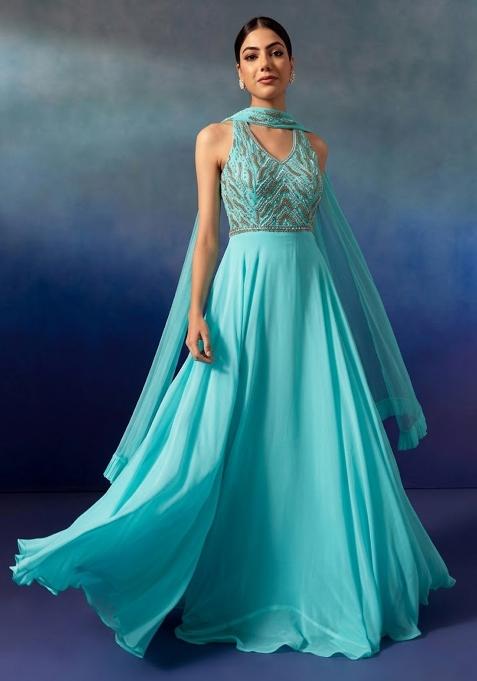 Bright  Aqua Embellished Designer Anarkali With Dupatta