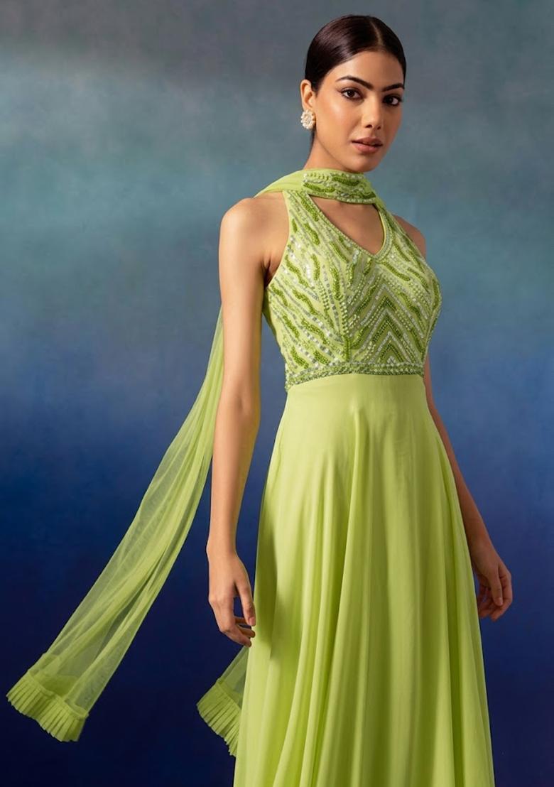 Green Glow Embellished Designer Anarkali With Dupatta - Indya