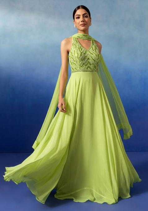 Green Glow Embellished Designer Anarkali With Dupatta