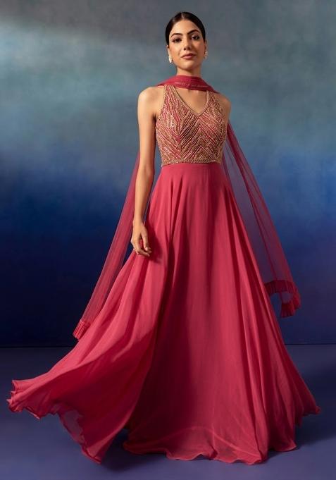 Pink Embellished Designer Anarkali With Dupatta