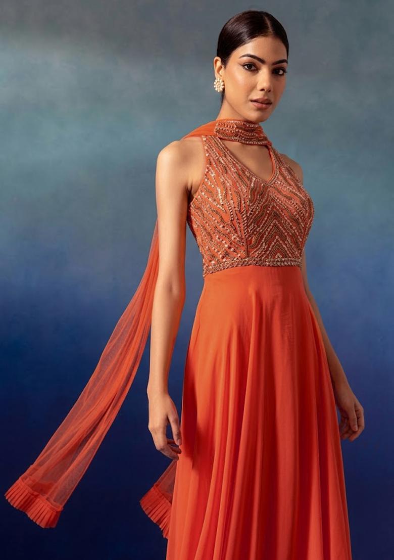 Orange Embellished Designer Anarkali With Dupatta - Indya