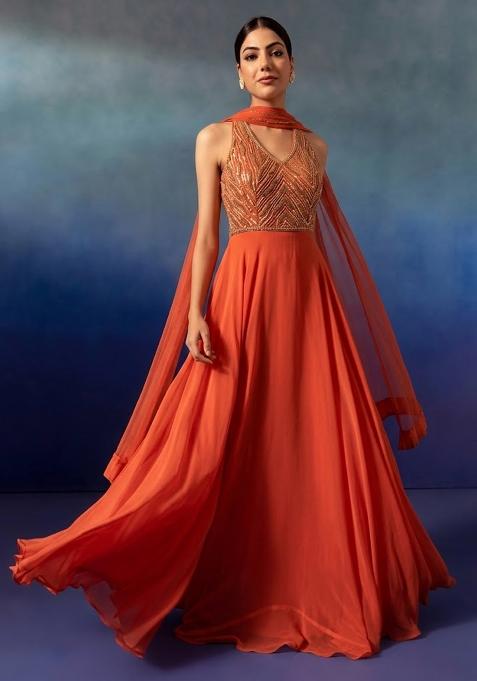 Orange  Embellished Designer Anarkali With Dupatta