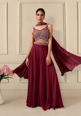 Deep Maroon Embroidered Designer Fusion Set