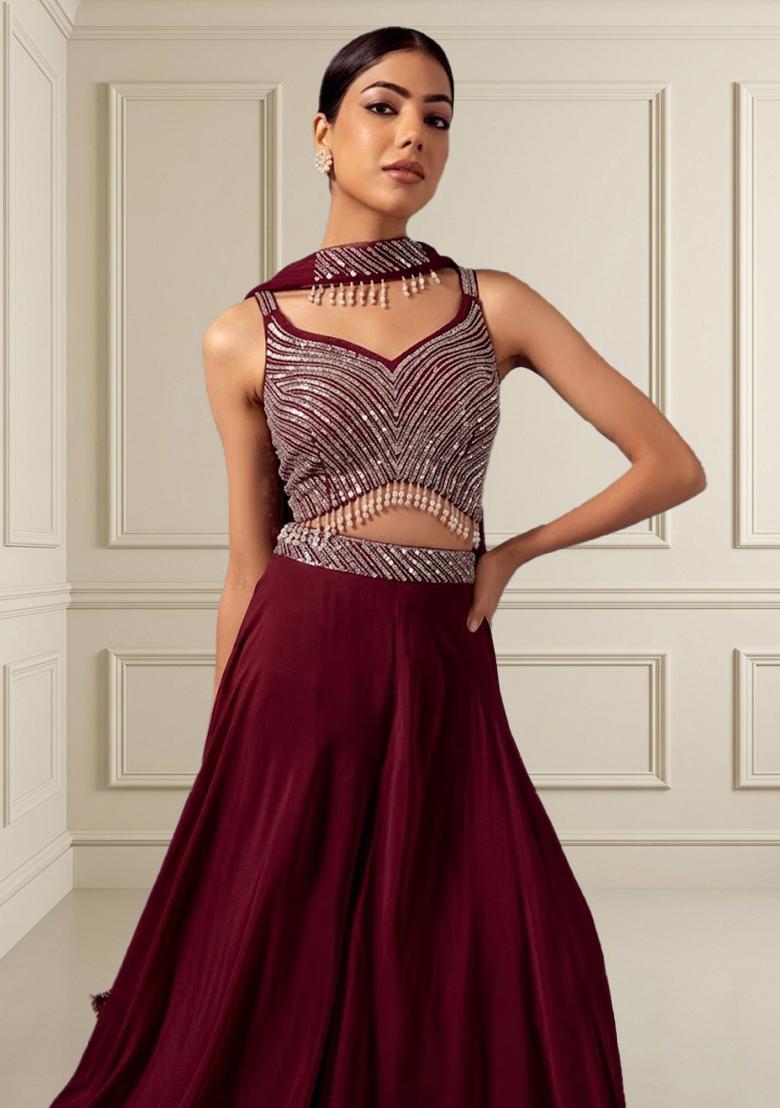 Deep Maroon Embroidered Designer Fusion Set - Indya