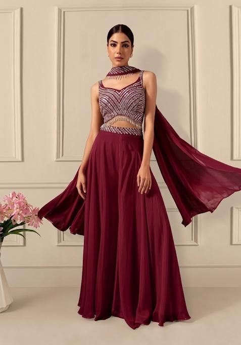 Deep Maroon Embroidered Designer Fusion Set