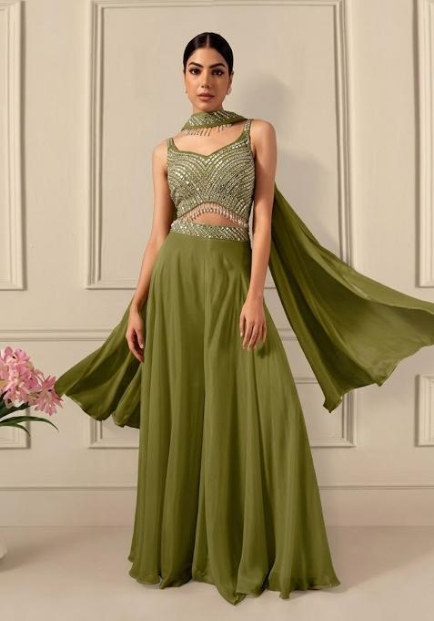 Green Olive Embroidered Designer Fusion Set