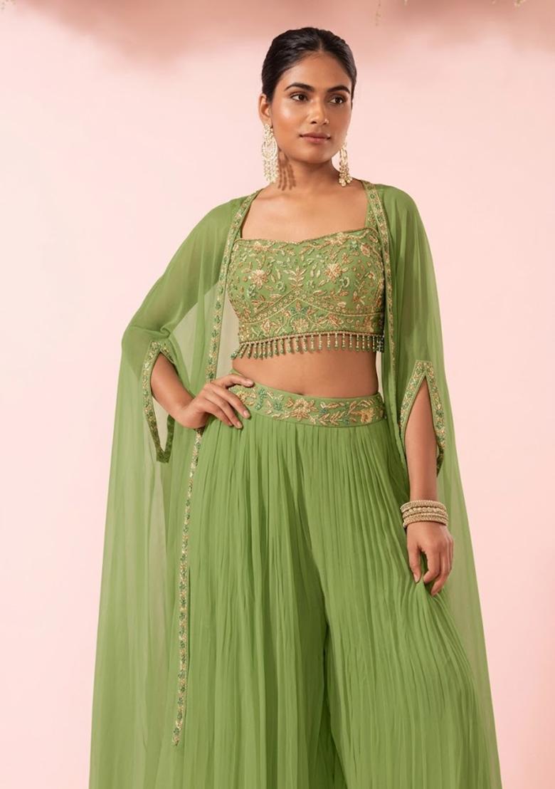 Mint Green Embroidered Designer Fusion Set - Indya