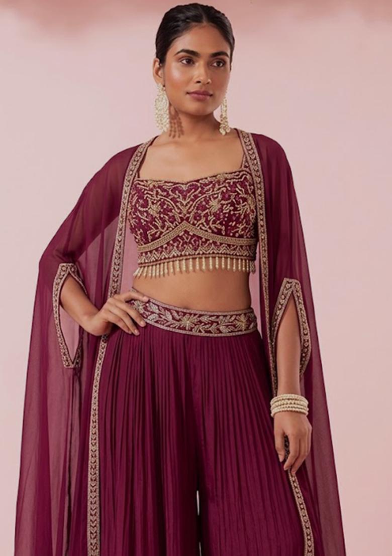 Wine Embroidered Designer Fusion Set - Indya
