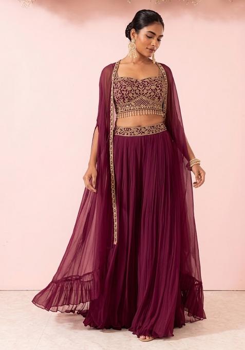 Wine Embroidered Designer Fusion Set