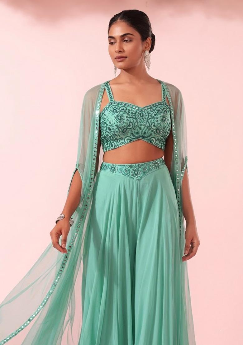 Sky Blue Embroidered Designer Fusion Set - Indya