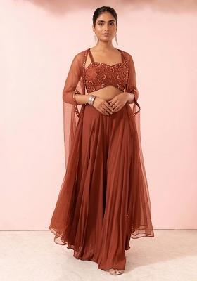 Brown Embroidered Designer Fusion Set