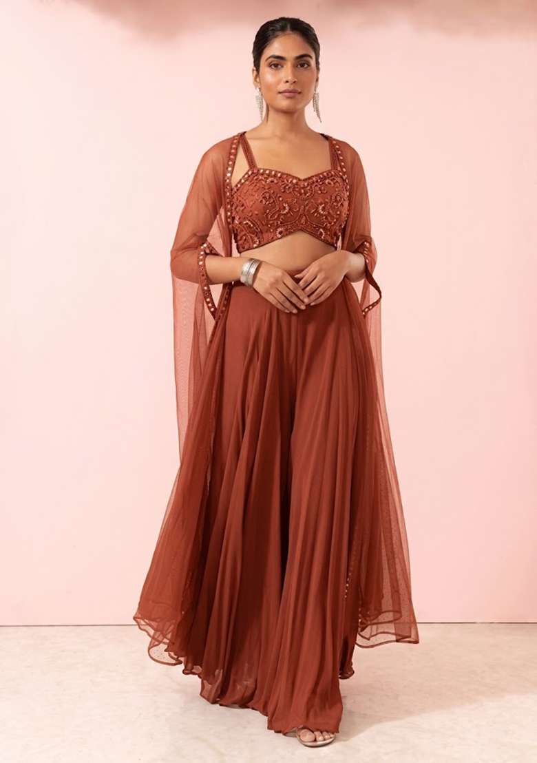 Brown Embroidered Designer Fusion Set - Indya