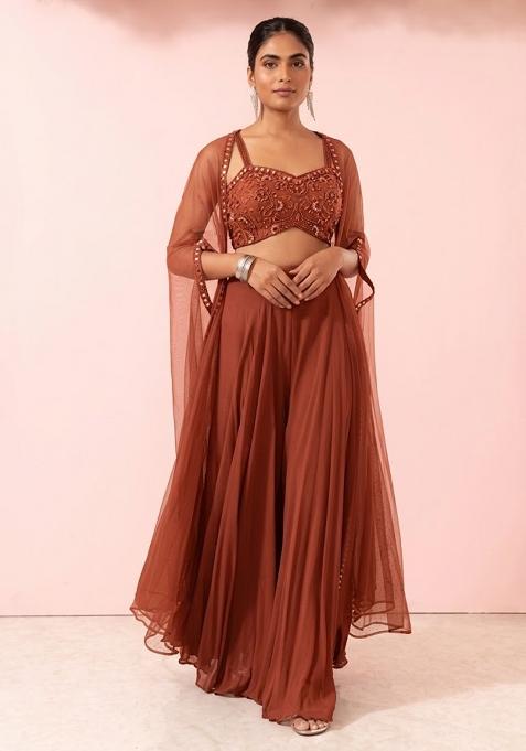 Brown Embroidered Designer Fusion Set