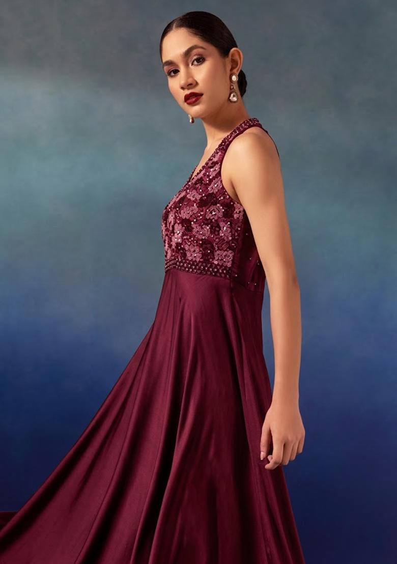Burgundy Red Embroidered Designer Anarkali - Indya