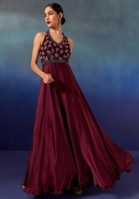 Burgundy Red Embroidered Designer Anarkali