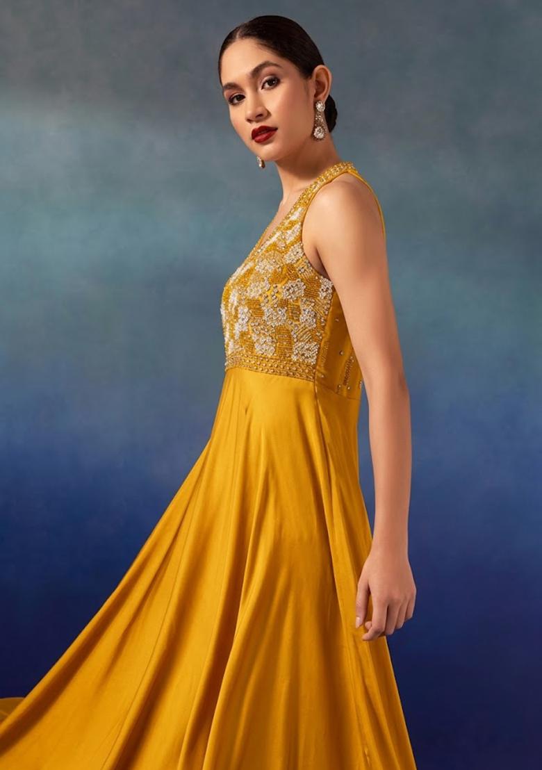 Mustard Yellow Embroidered Designer Anarkali - Indya