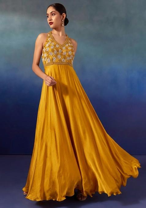 Mustard Yellow  Embroidered Designer Anarkali