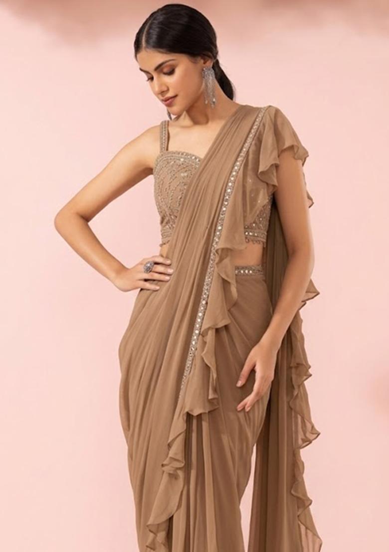Champagne Embellished Designer Pre Draped Saree Set - Indya