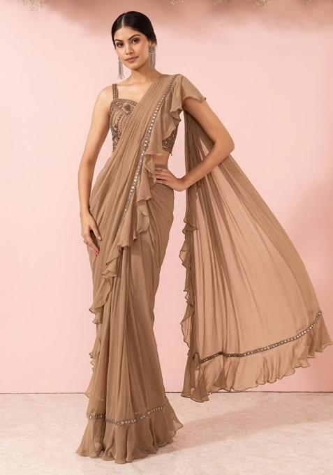 Champagne Embellished Designer Pre Draped Saree Set
