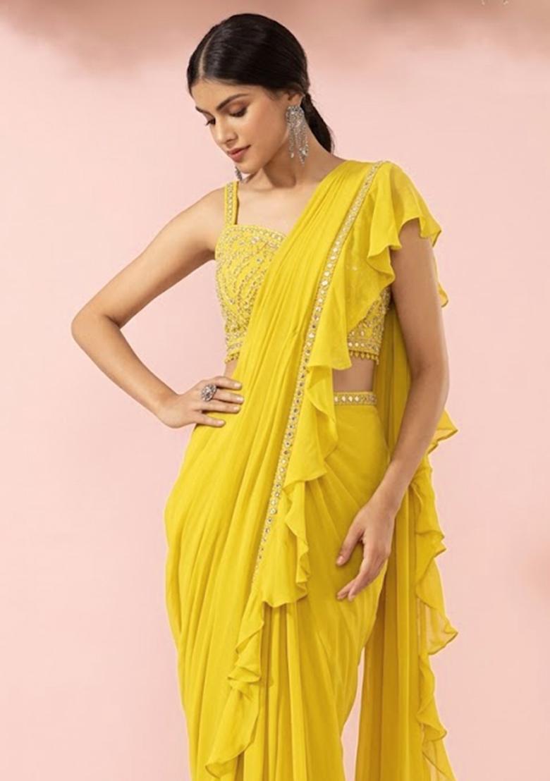 Yellow Embellished Designer Pre Draped Saree Set - Indya