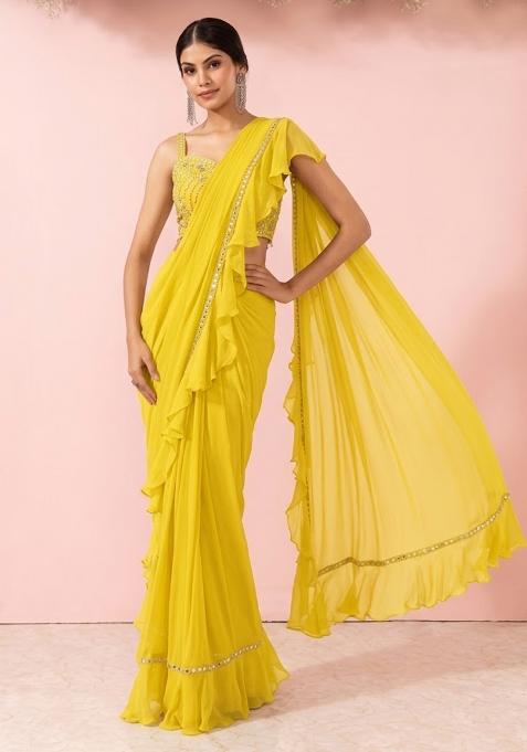 Yellow Embellished Designer Pre Draped Saree Set