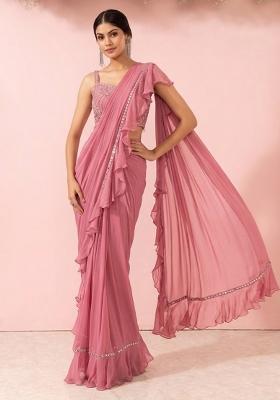 Sea Pink Embellished Designer Pre Draped Saree Set