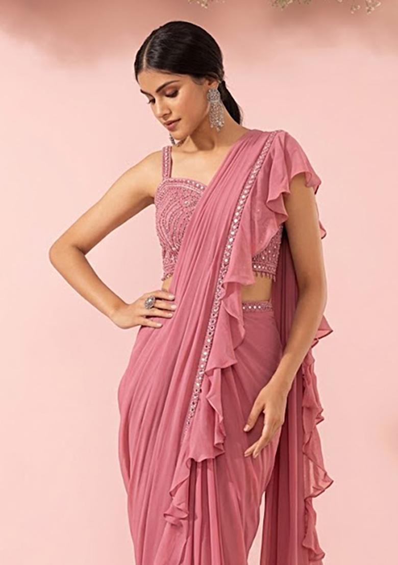 Sea Pink Embellished Designer Pre Draped Saree Set - Indya