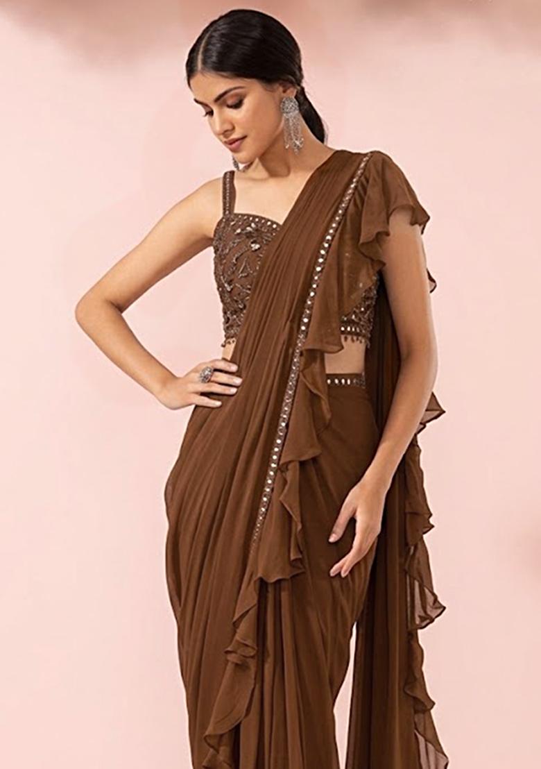 Toffee Embellished Designer Pre Draped Saree Set - Indya