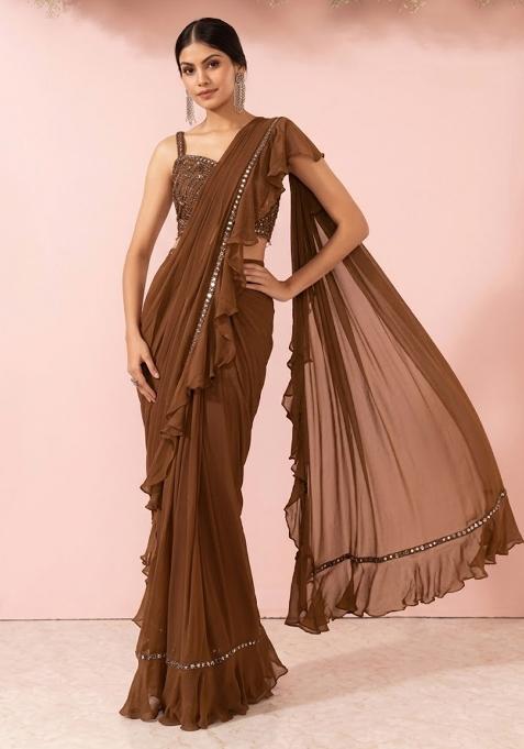 Toffee Embellished Designer Pre Draped Saree Set