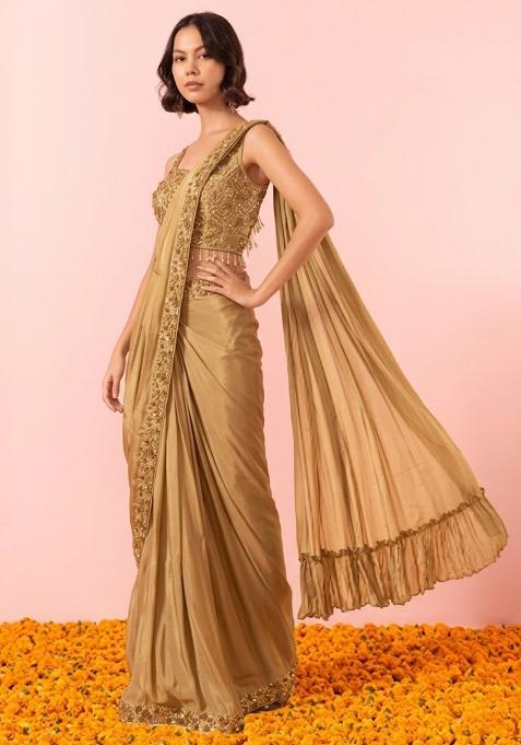 Light Beige Embellished Designer Pre Draped Saree Set