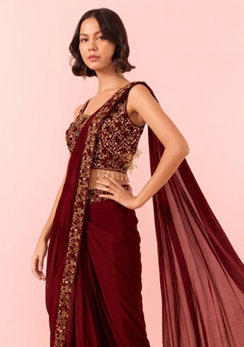 Blood Red Embellished Designer Pre Draped Saree Set - Indya