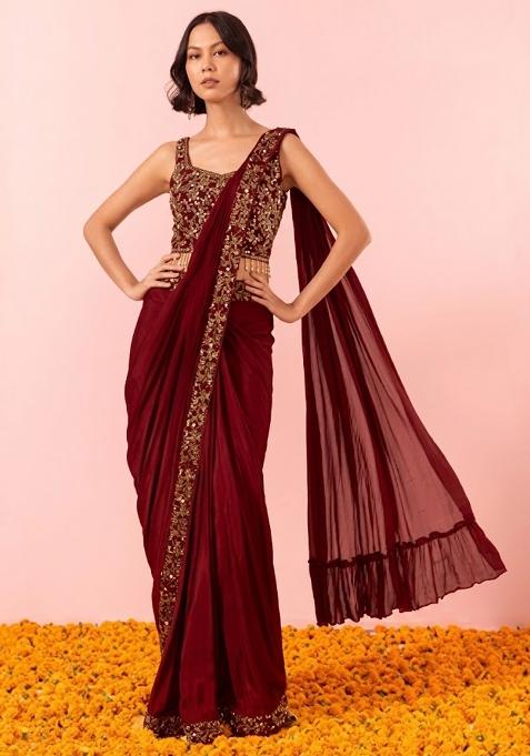 Blood Red Embellished Designer Pre Draped Saree Set