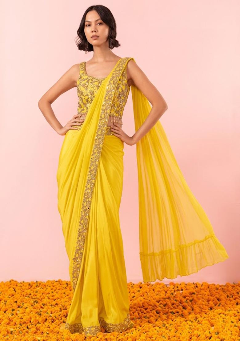 Yellow Embellished Designer Pre Draped Saree Set - Indya