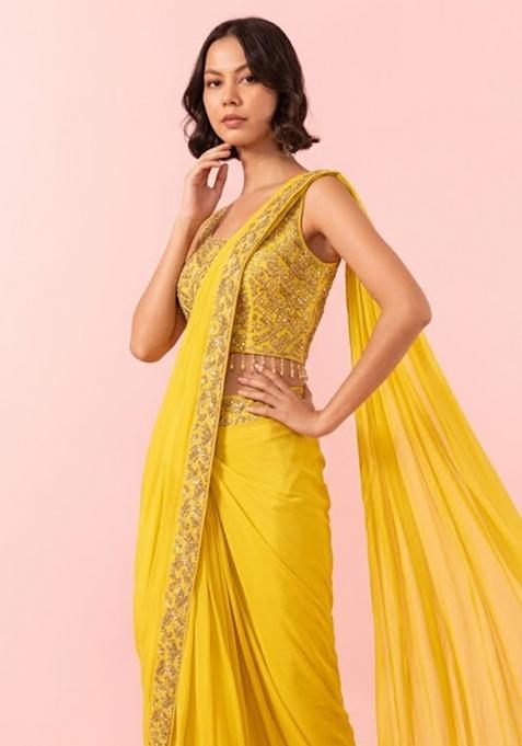 Yellow Embellished Designer Pre Draped Saree Set