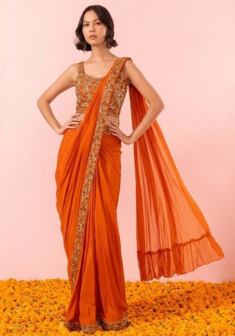 Orange Tiger Embellished Designer Pre Draped Saree Set