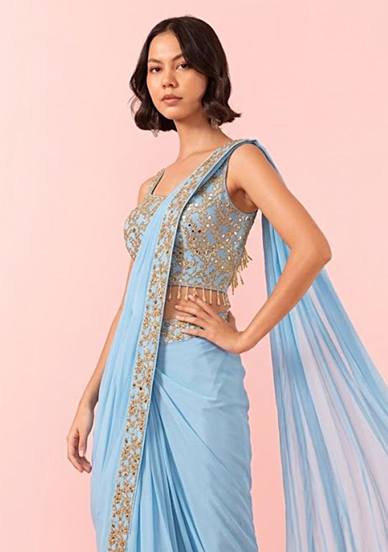 Polar Wind Embellished Designer Pre Draped Saree Set - Indya