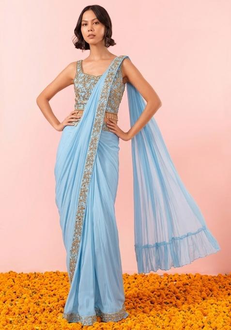 Polar Wind Embellished Designer Pre Draped Saree Set