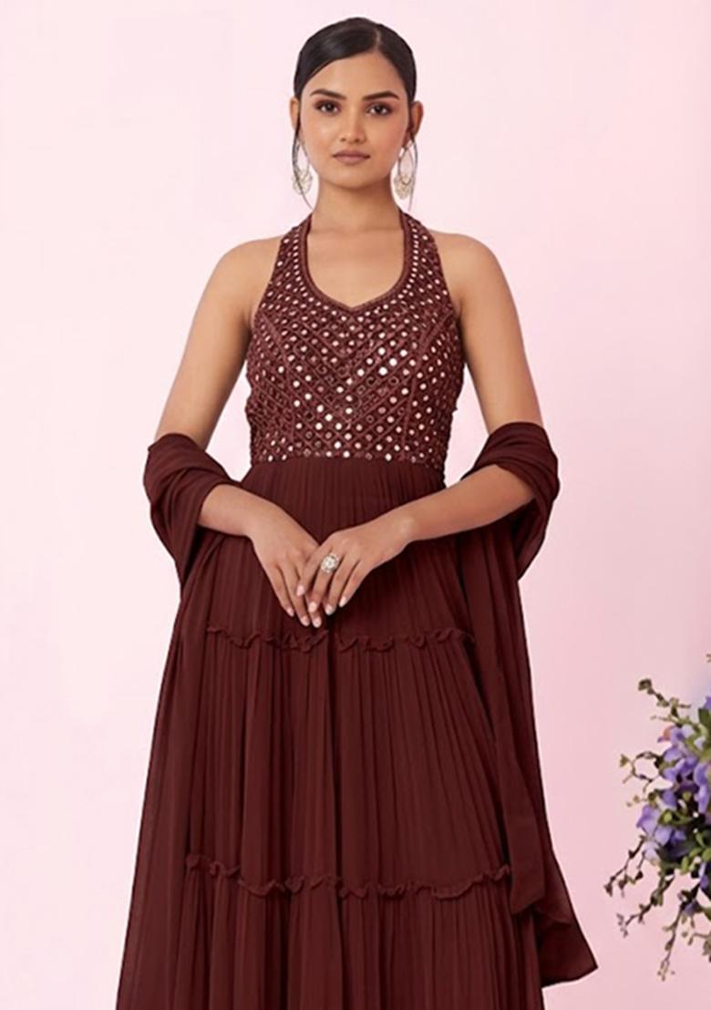 Burgundy Embellished Designer Anarkali With Dupatta - Indya