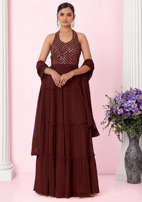 Burgundy Embellished Designer Anarkali With Dupatta