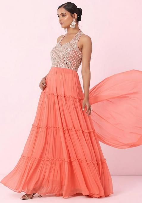 Living Coral Embellished Designer Anarkali With Dupatta