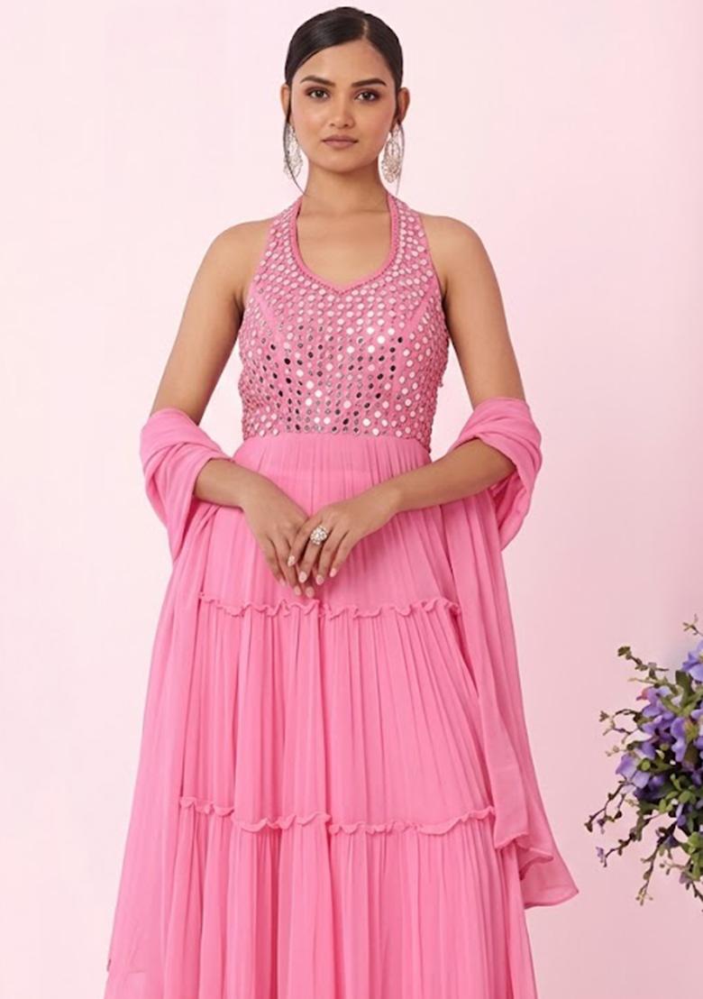 Pink Cosmos Embellished Designer Anarkali With Dupatta - Indya