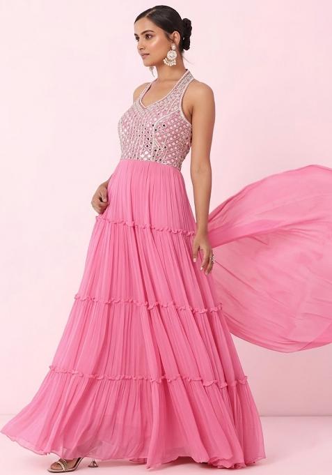 Pink Cosmos Embellished Designer Anarkali With Dupatta