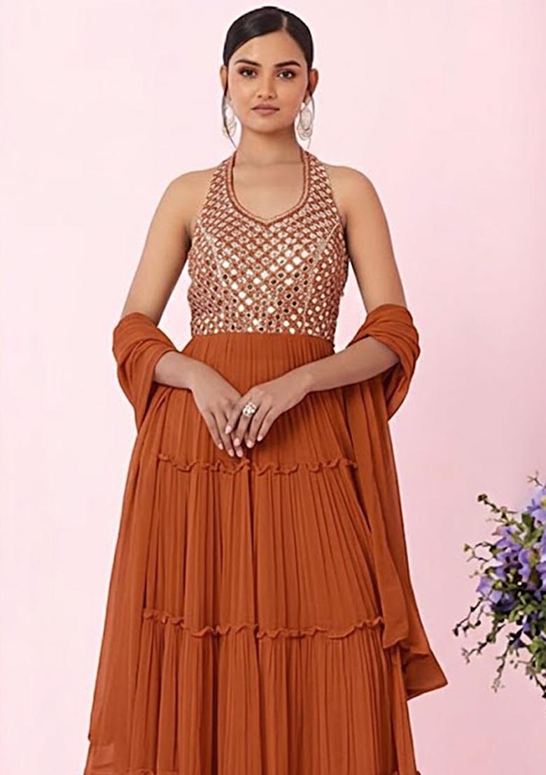 Rust Embellished Designer Anarkali With Dupatta - Indya