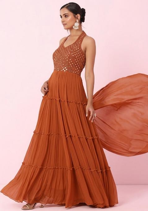 Rust Embellished Designer Anarkali With Dupatta