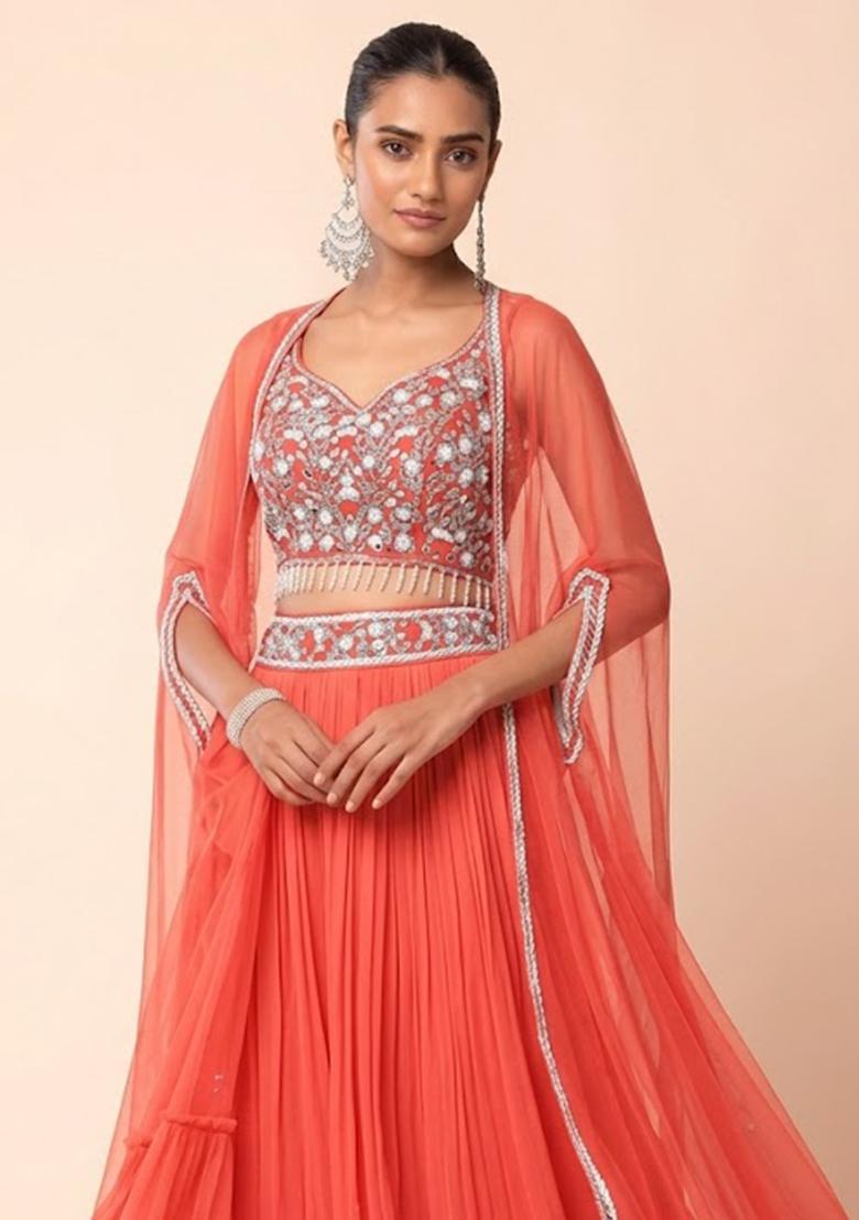 Living Coral Embroidered Designer Fusion Set - Indya